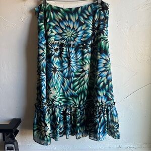 Y2K Fairycore Floral Midi Skirt Green Blue Sheer Ruffle Tiered Flowy Skirt Sz 12